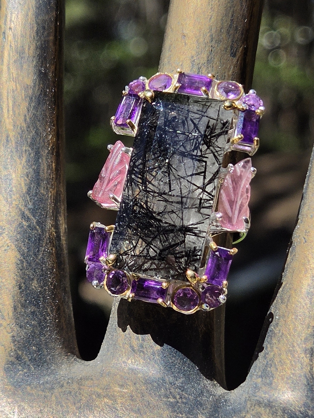 Rutilated 35k Quarts Amethyst & Tourmaline Cocktail Sterling &gold Ring Sz8 - Picture 3 of 8